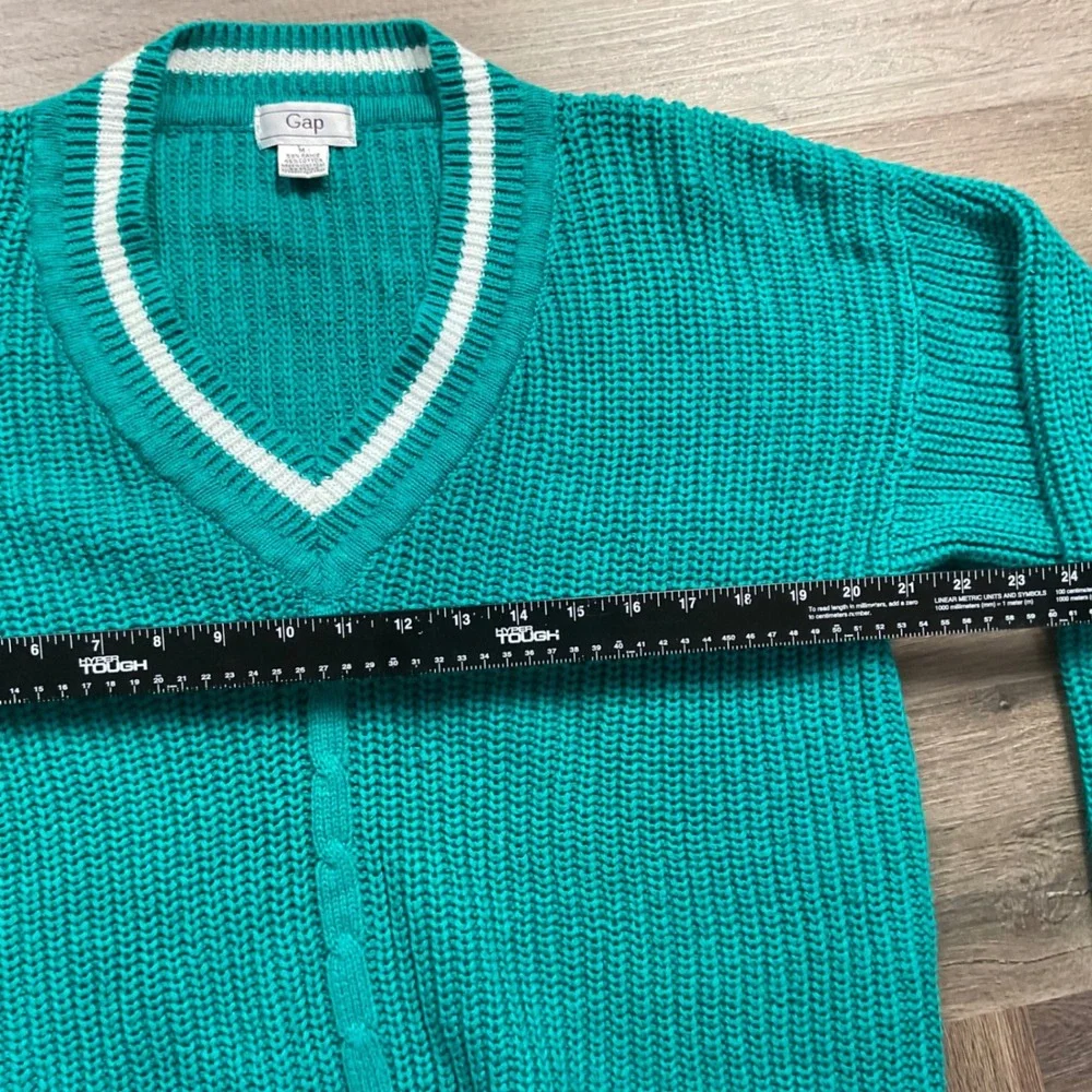 Vintage‎ 90s Gap Shaker Knit V Neck Preppy Sweater Women Medium Teal Green White